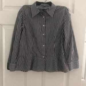 Lauren Ralph Lauren Black and White Striped Peplum Button Down Shirt